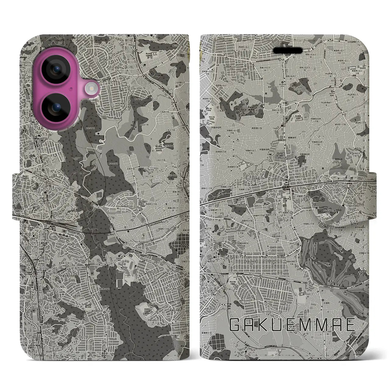 【学園前(奈良県)】地図柄iPhoneケース(手帳タイプ)モノトーン・iPhone 16 Pro 用