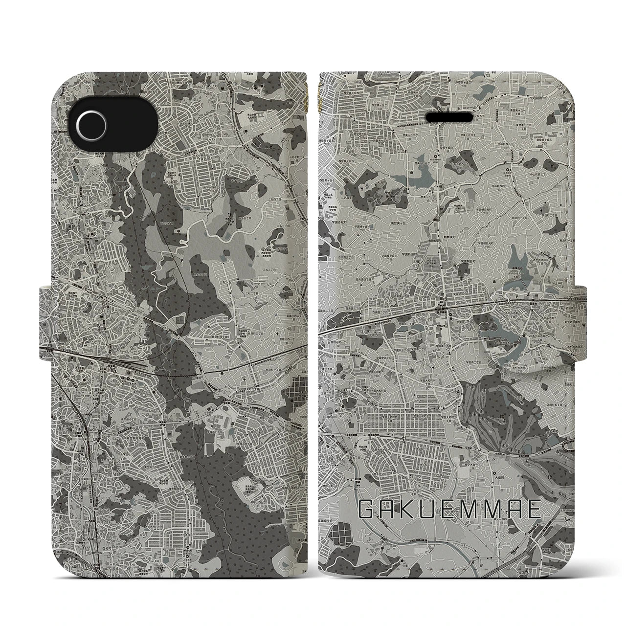 【学園前(奈良県)】地図柄iPhoneケース(手帳タイプ)モノトーン・iPhone SE(第3 / 第2世代) / 8 / 7 / 6s / 6 用