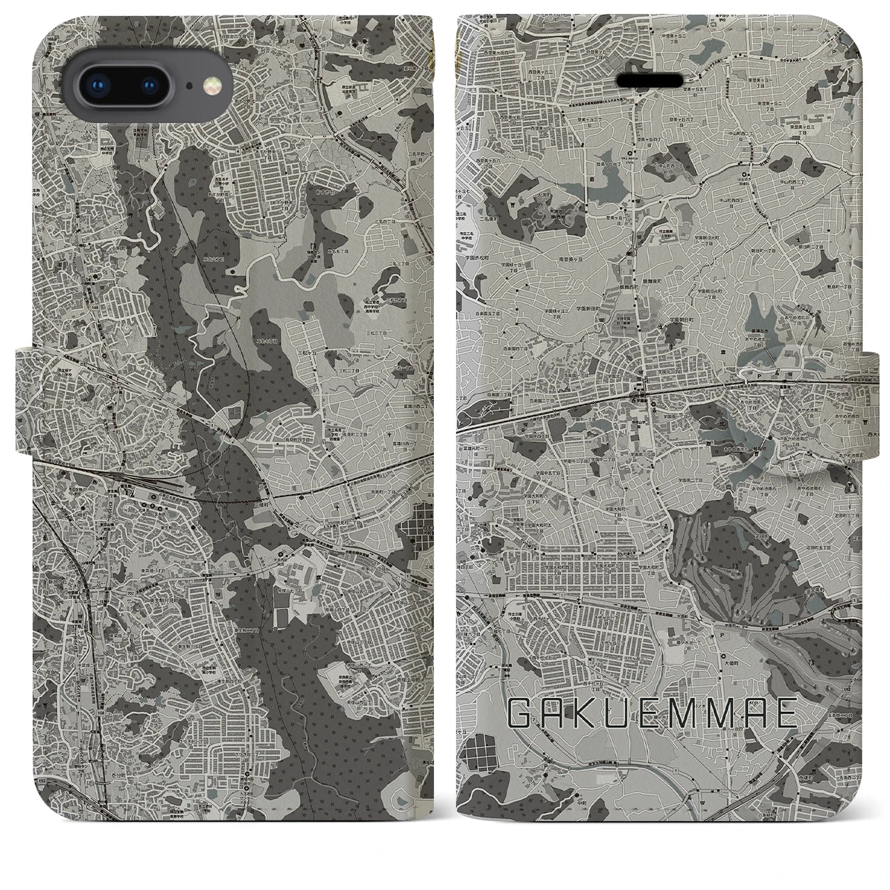 【学園前(奈良県)】地図柄iPhoneケース(手帳タイプ)モノトーン・iPhone 8Plus /7Plus / 6sPlus / 6Plus 用