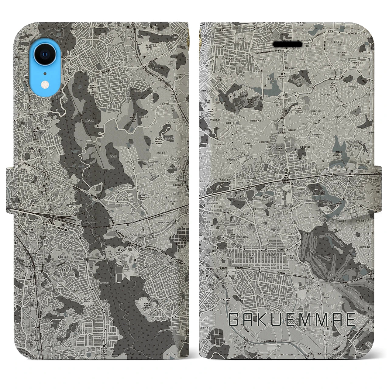 【学園前(奈良県)】地図柄iPhoneケース(手帳タイプ)モノトーン・iPhone XR 用