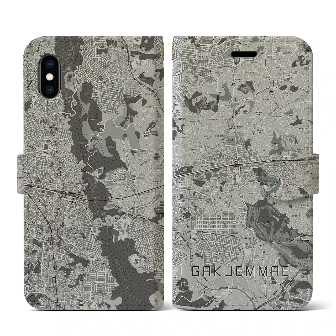【学園前(奈良県)】地図柄iPhoneケース(手帳タイプ)モノトーン・iPhone XS / X 用