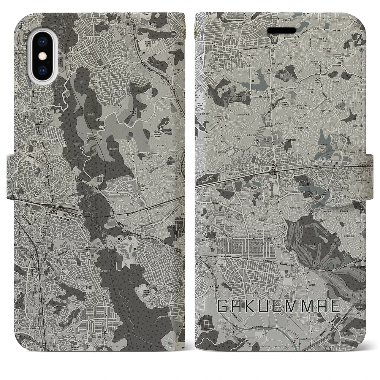 【学園前(奈良県)】地図柄iPhoneケース(手帳タイプ)モノトーン・iPhone XS Max 用