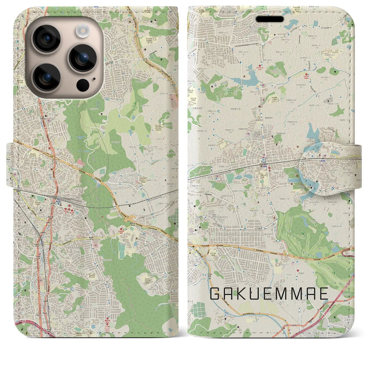 【学園前(奈良県)】地図柄iPhoneケース(手帳タイプ)ナチュラル・iPhone 16 Plus 用