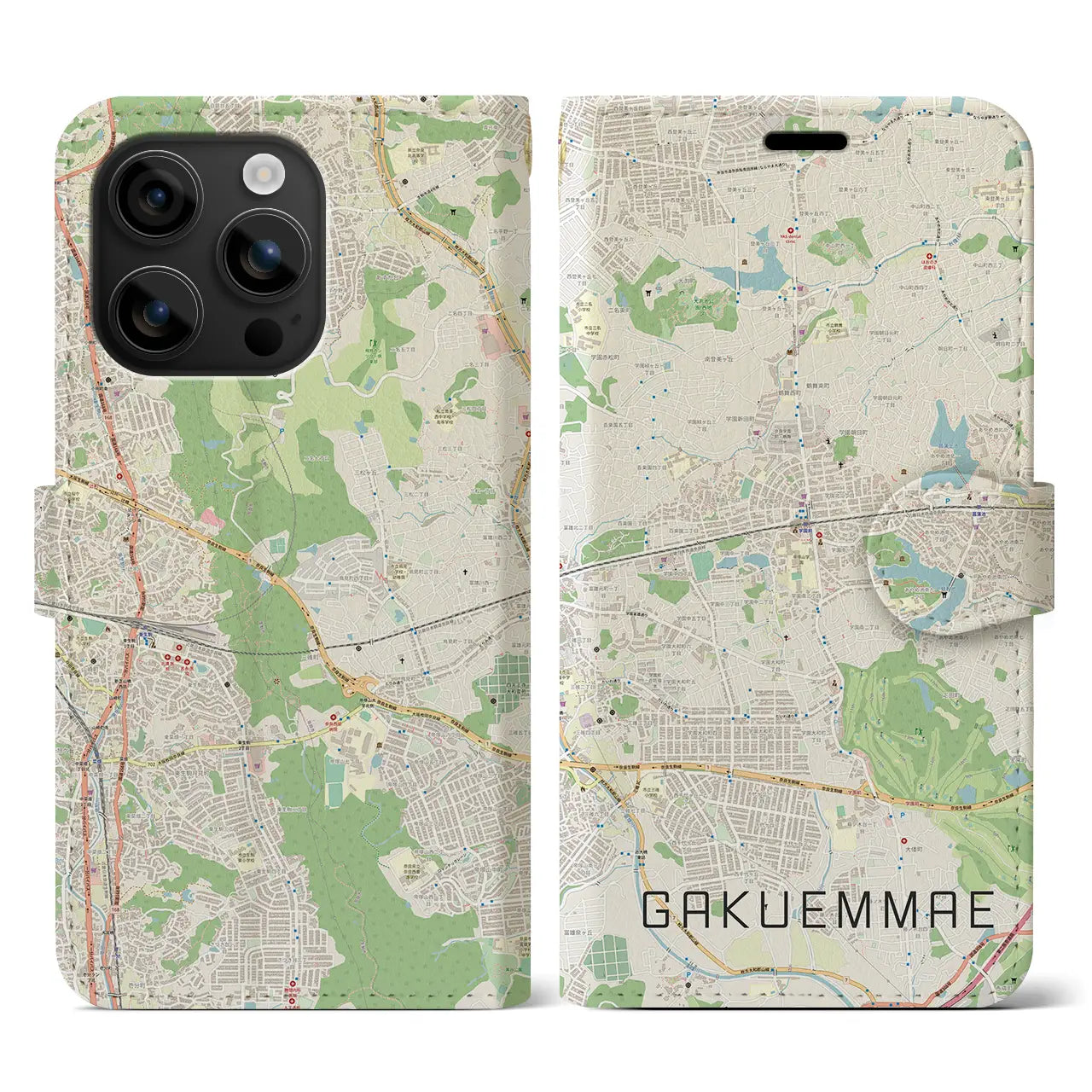 【学園前(奈良県)】地図柄iPhoneケース(手帳タイプ)ナチュラル・iPhone 16 用