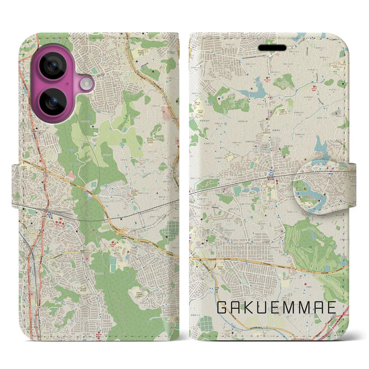 【学園前(奈良県)】地図柄iPhoneケース(手帳タイプ)ナチュラル・iPhone 16 Pro 用