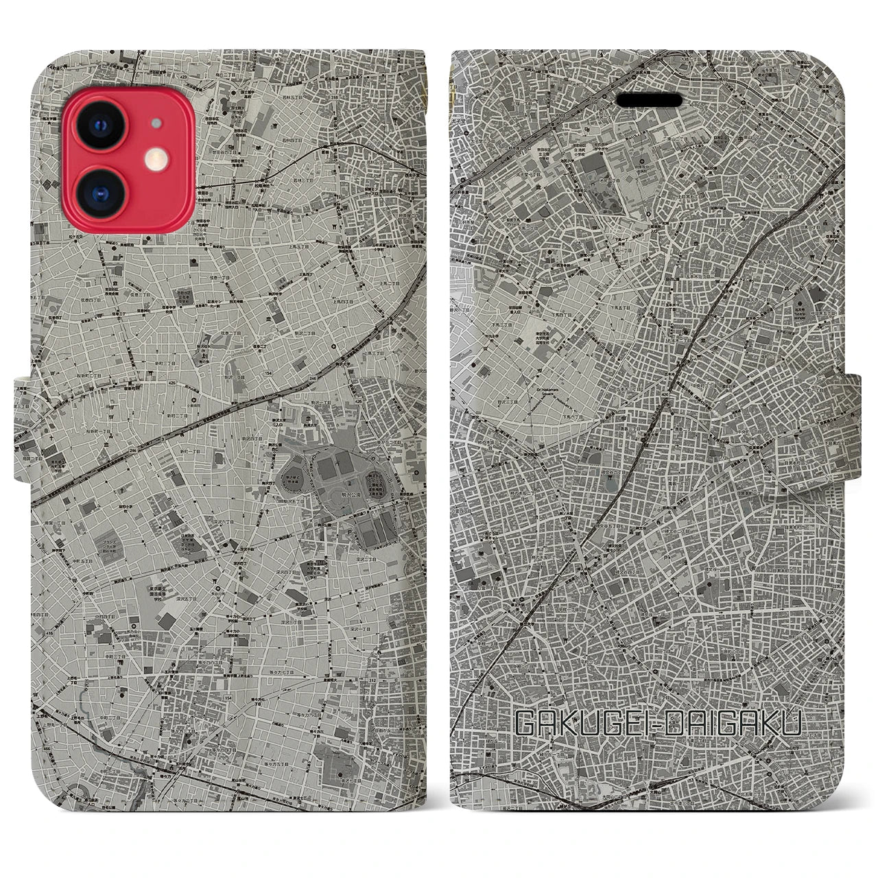 【学芸大学(東京都)】地図柄iPhoneケース(手帳タイプ)モノトーン・iPhone 11 用