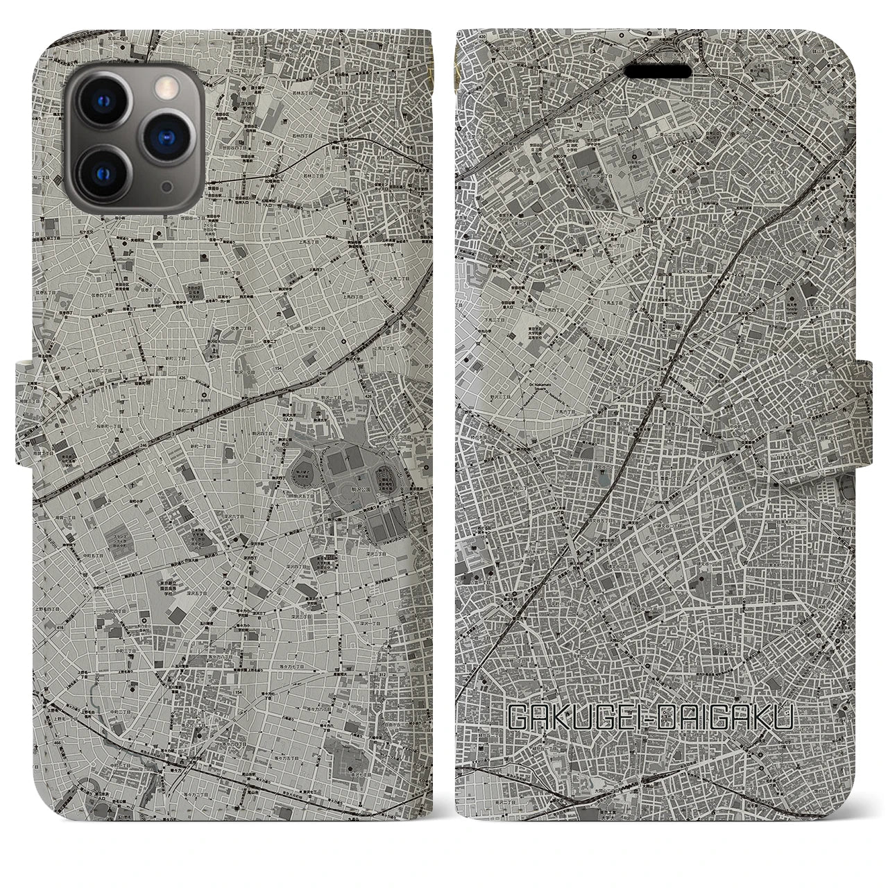 【学芸大学(東京都)】地図柄iPhoneケース(手帳タイプ)モノトーン・iPhone 11 Pro Max 用