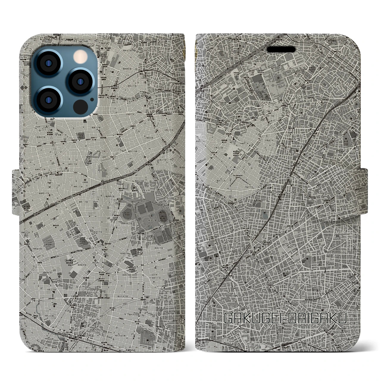 【学芸大学(東京都)】地図柄iPhoneケース(手帳タイプ)モノトーン・iPhone 12 / 12 Pro 用
