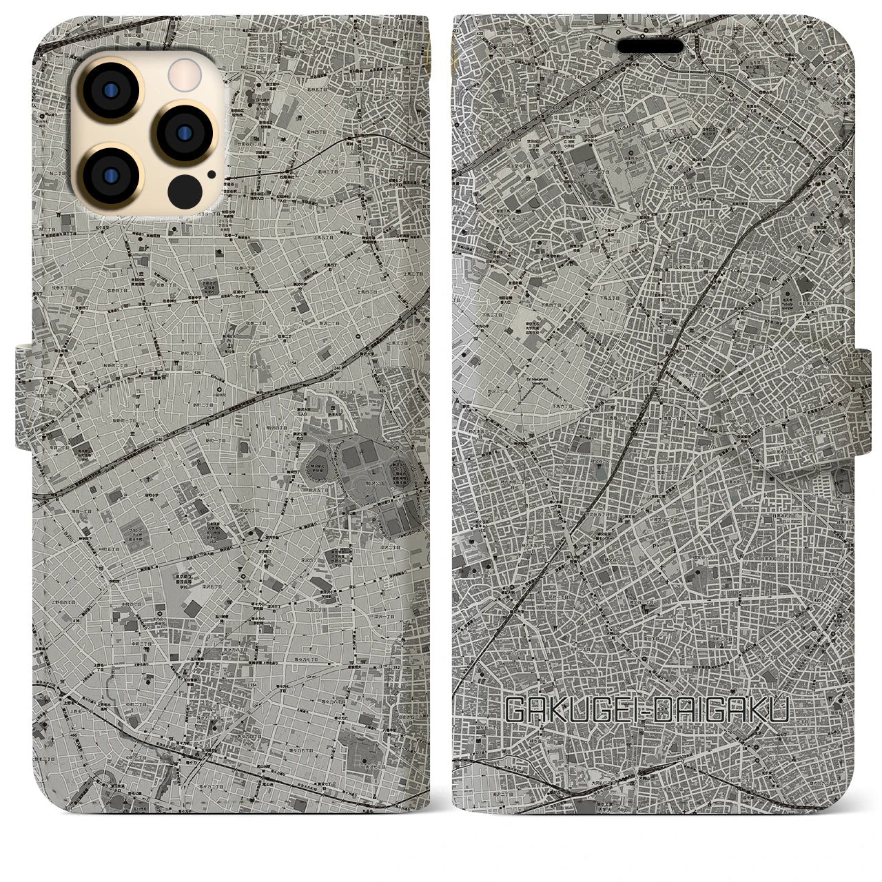 【学芸大学(東京都)】地図柄iPhoneケース(手帳タイプ)モノトーン・iPhone 12 Pro Max 用