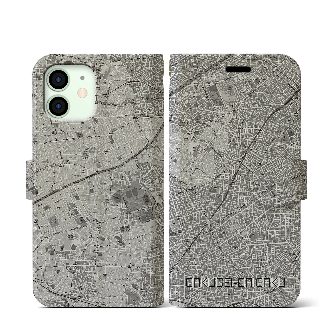 【学芸大学(東京都)】地図柄iPhoneケース(手帳タイプ)モノトーン・iPhone 12 mini 用