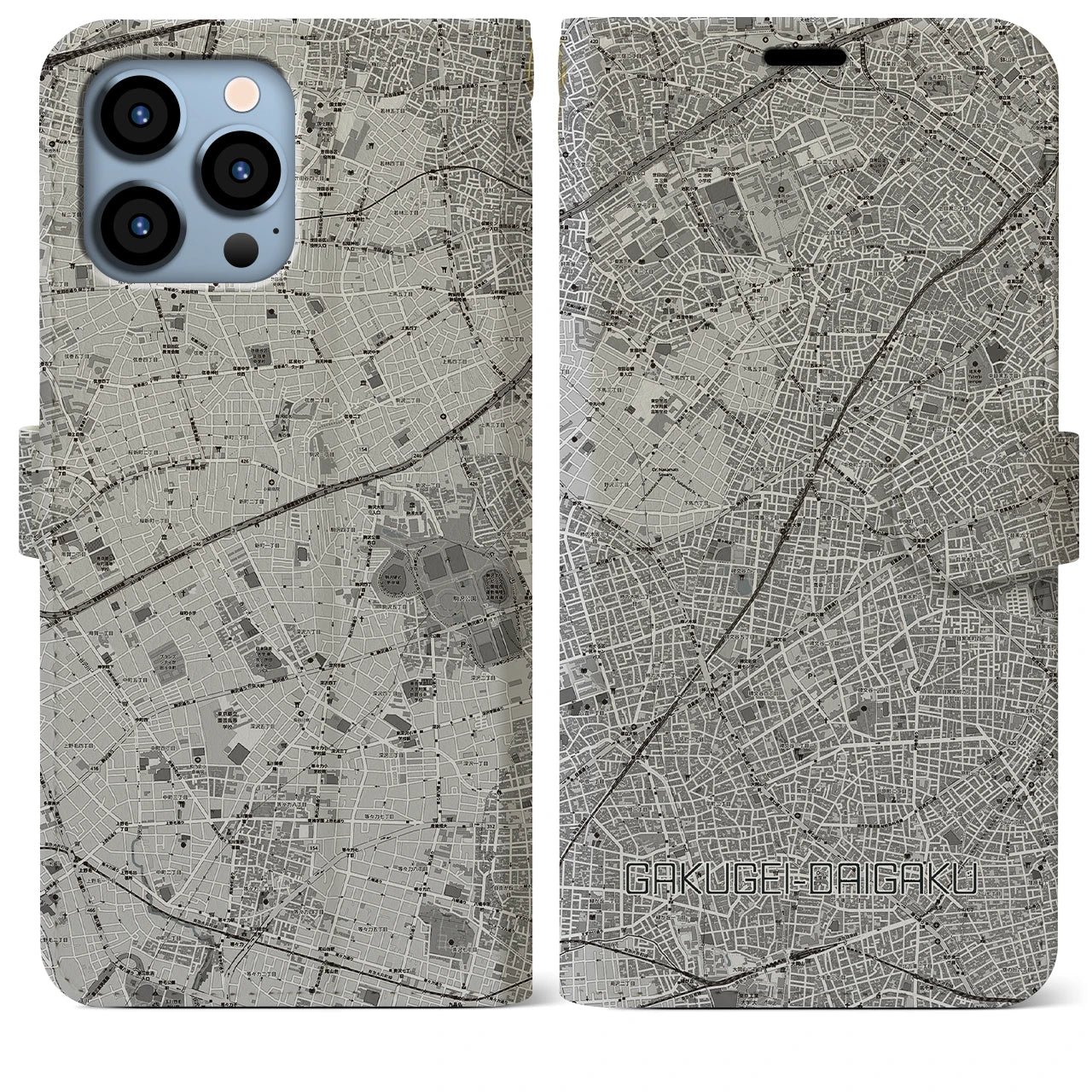 【学芸大学(東京都)】地図柄iPhoneケース(手帳タイプ)モノトーン・iPhone 13 Pro Max 用