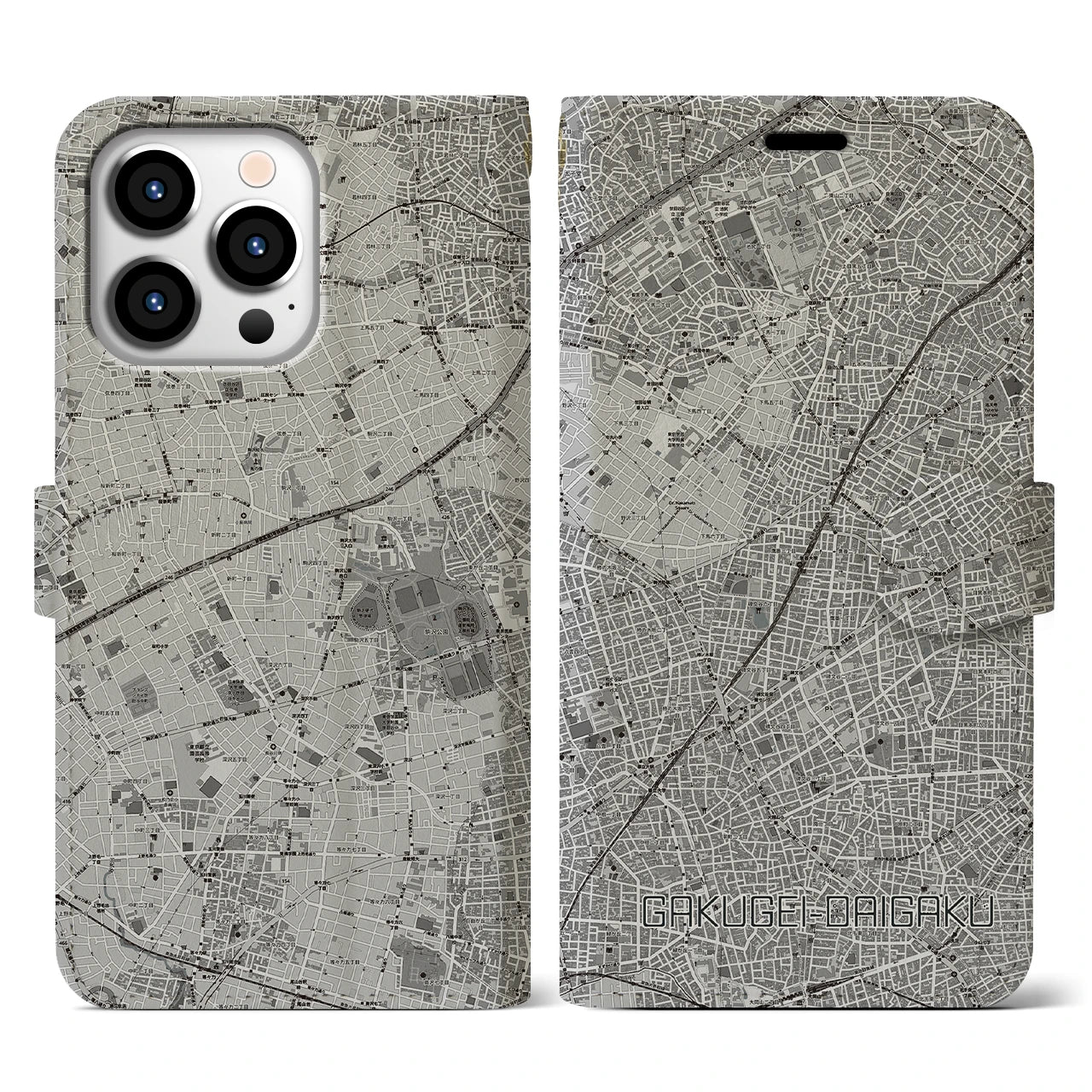 【学芸大学(東京都)】地図柄iPhoneケース(手帳タイプ)モノトーン・iPhone 13 Pro 用