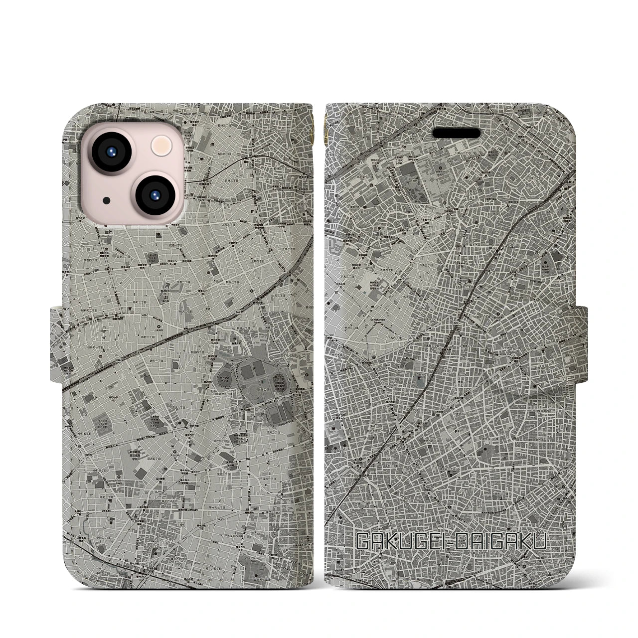 【学芸大学(東京都)】地図柄iPhoneケース(手帳タイプ)モノトーン・iPhone 13 mini 用