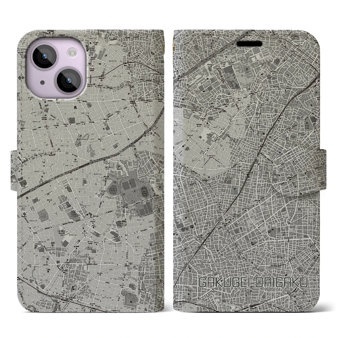 【学芸大学(東京都)】地図柄iPhoneケース(手帳タイプ)モノトーン・iPhone 14 用