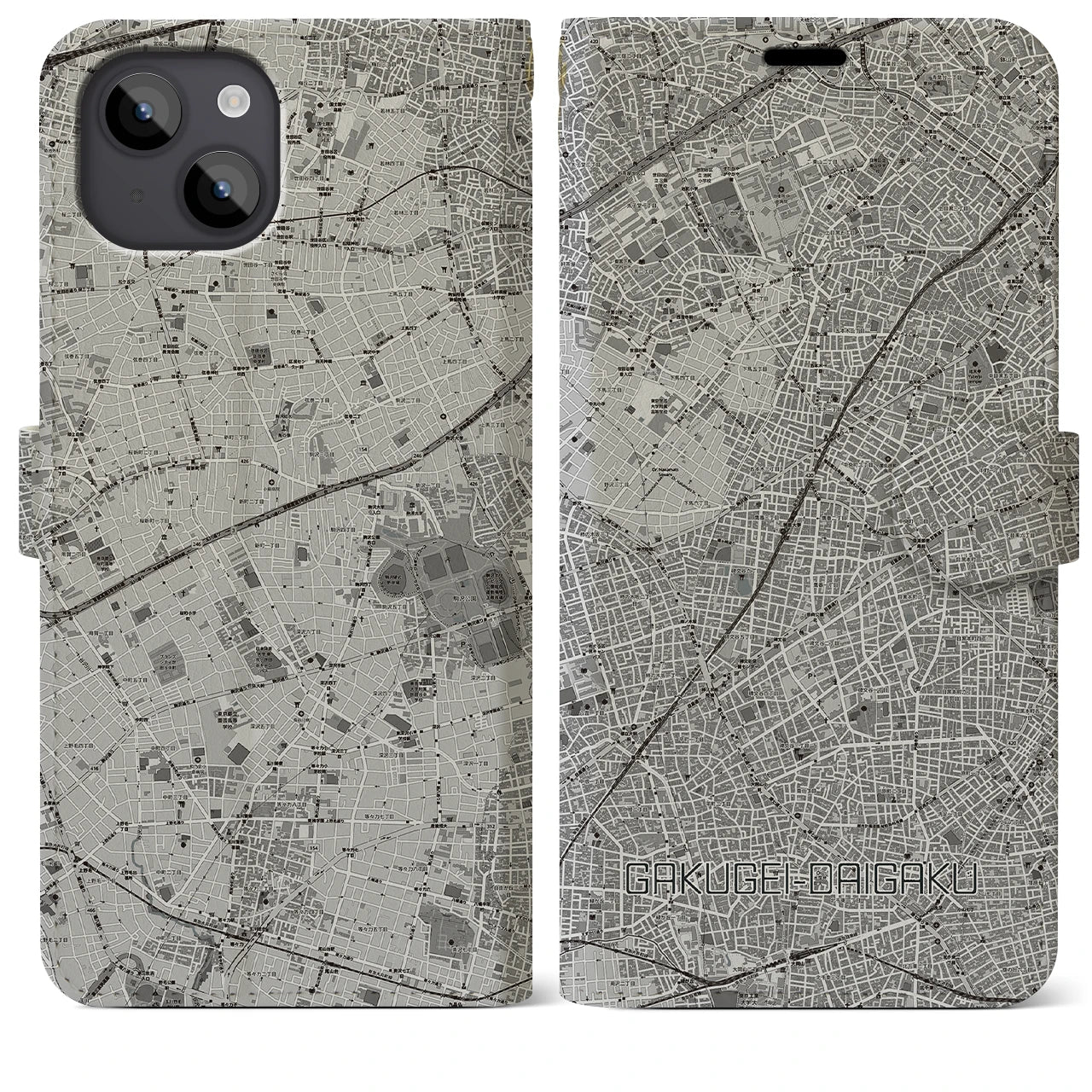 【学芸大学(東京都)】地図柄iPhoneケース(手帳タイプ)モノトーン・iPhone 14 Plus 用