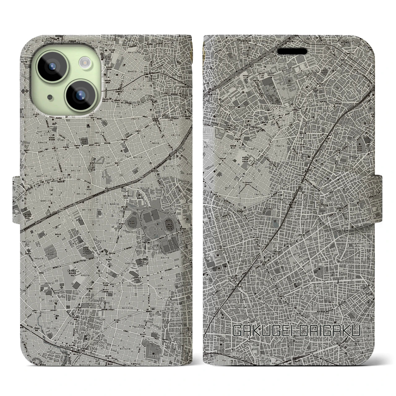 【学芸大学(東京都)】地図柄iPhoneケース(手帳タイプ)モノトーン・iPhone 15 用