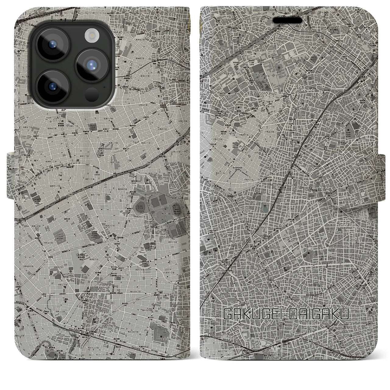 【学芸大学(東京都)】地図柄iPhoneケース(手帳タイプ)モノトーン・iPhone 15 Pro Max 用