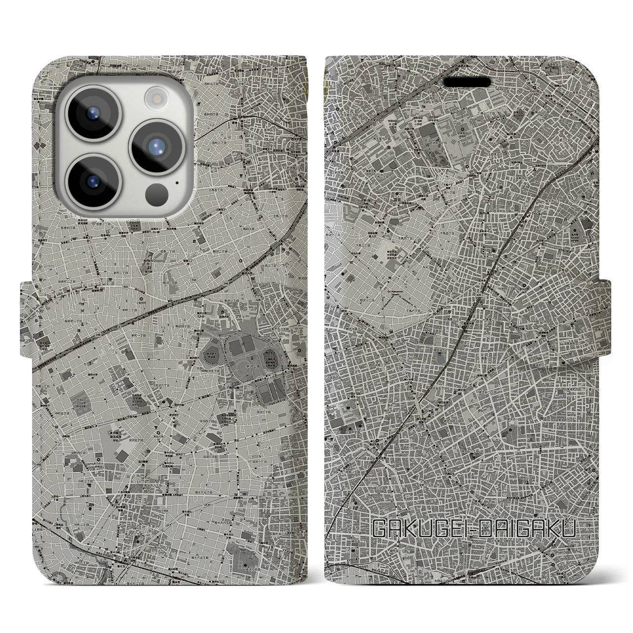 【学芸大学(東京都)】地図柄iPhoneケース(手帳タイプ)モノトーン・iPhone 15 Pro 用