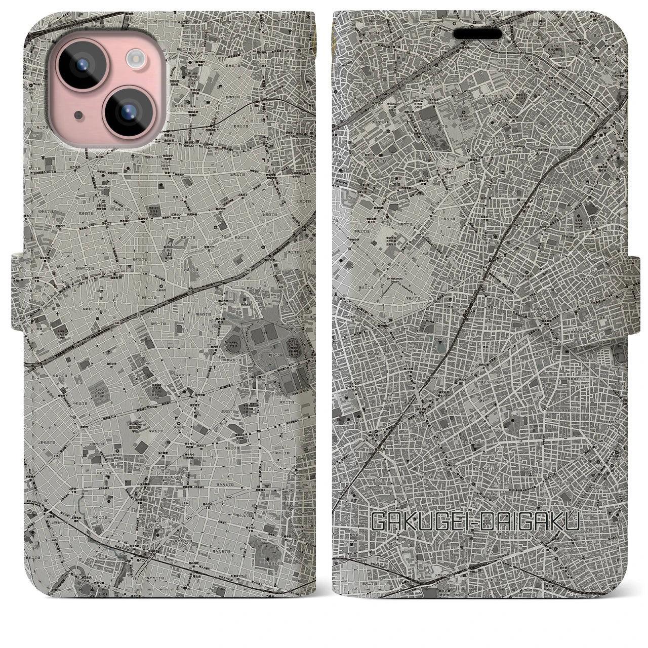 【学芸大学(東京都)】地図柄iPhoneケース(手帳タイプ)モノトーン・iPhone 15 Plus 用