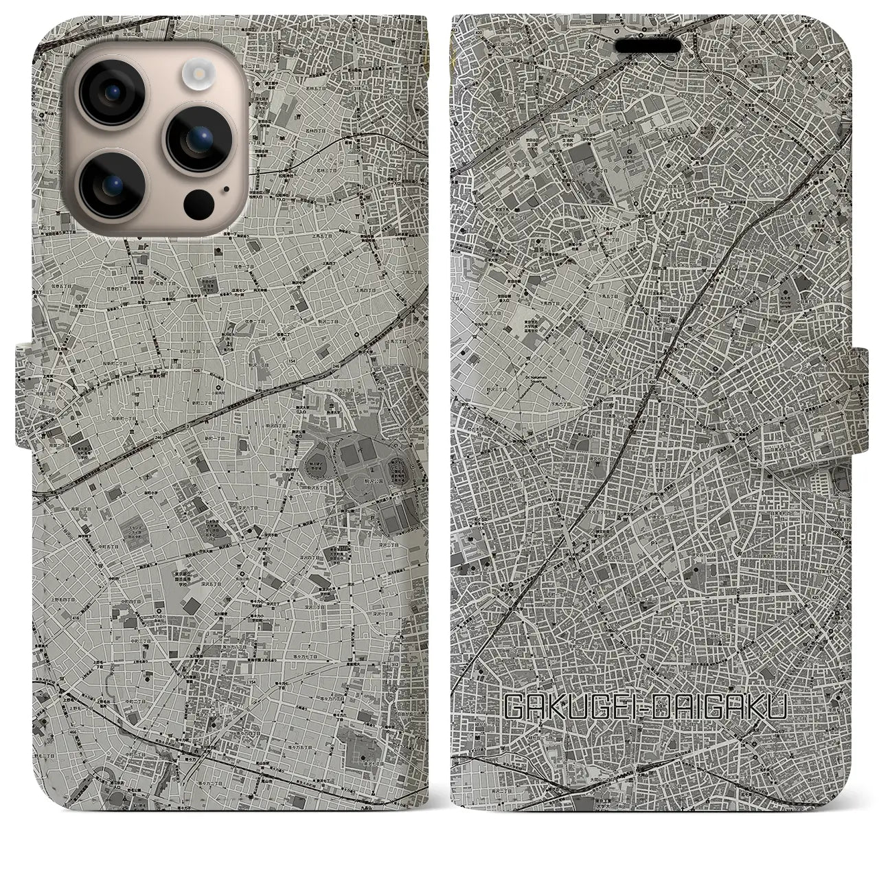 【学芸大学(東京都)】地図柄iPhoneケース(手帳タイプ)モノトーン・iPhone 16 Plus 用