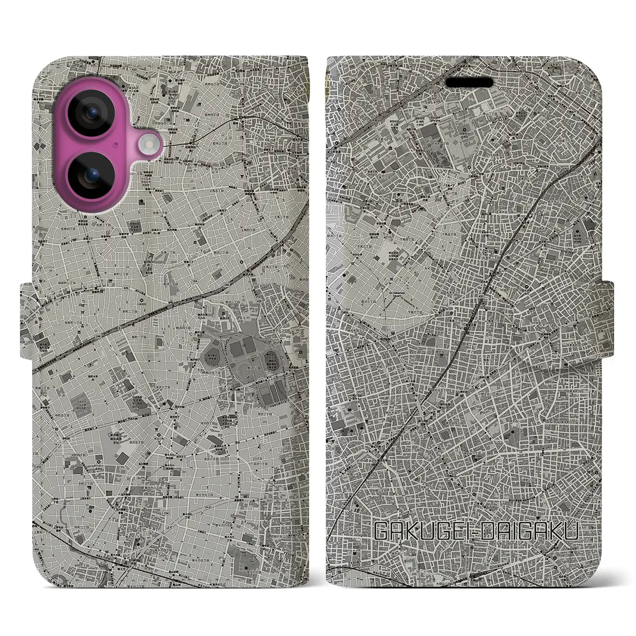 【学芸大学(東京都)】地図柄iPhoneケース(手帳タイプ)モノトーン・iPhone 16 Pro 用