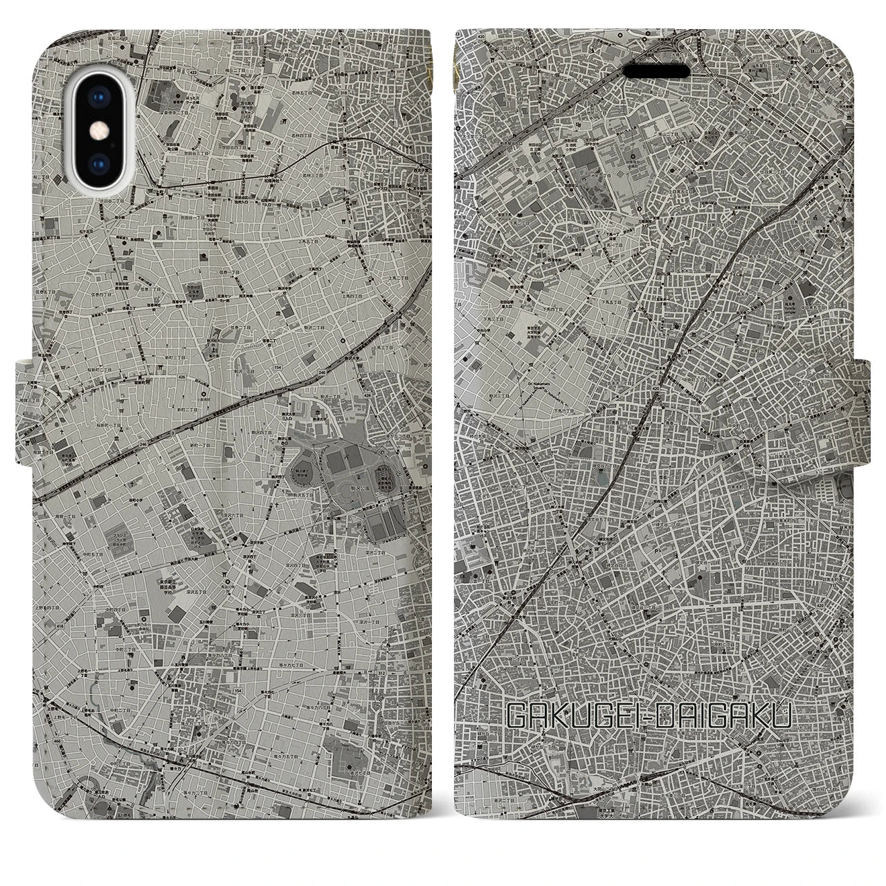 【学芸大学(東京都)】地図柄iPhoneケース(手帳タイプ)モノトーン・iPhone XS Max 用