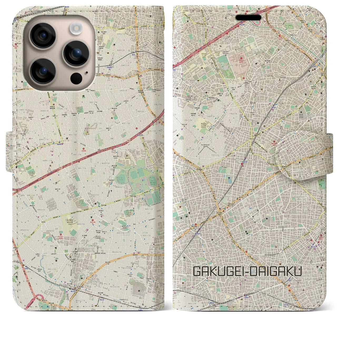 【学芸大学(東京都)】地図柄iPhoneケース(手帳タイプ)ナチュラル・iPhone 16 Plus 用