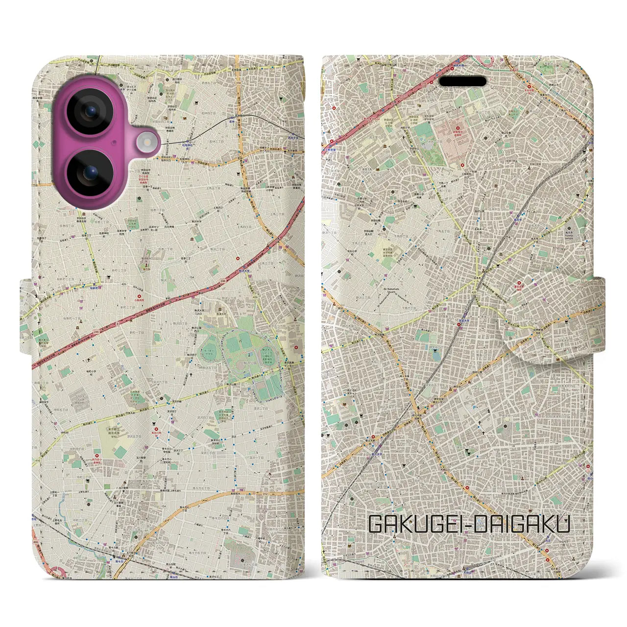 【学芸大学(東京都)】地図柄iPhoneケース(手帳タイプ)ナチュラル・iPhone 16 Pro 用
