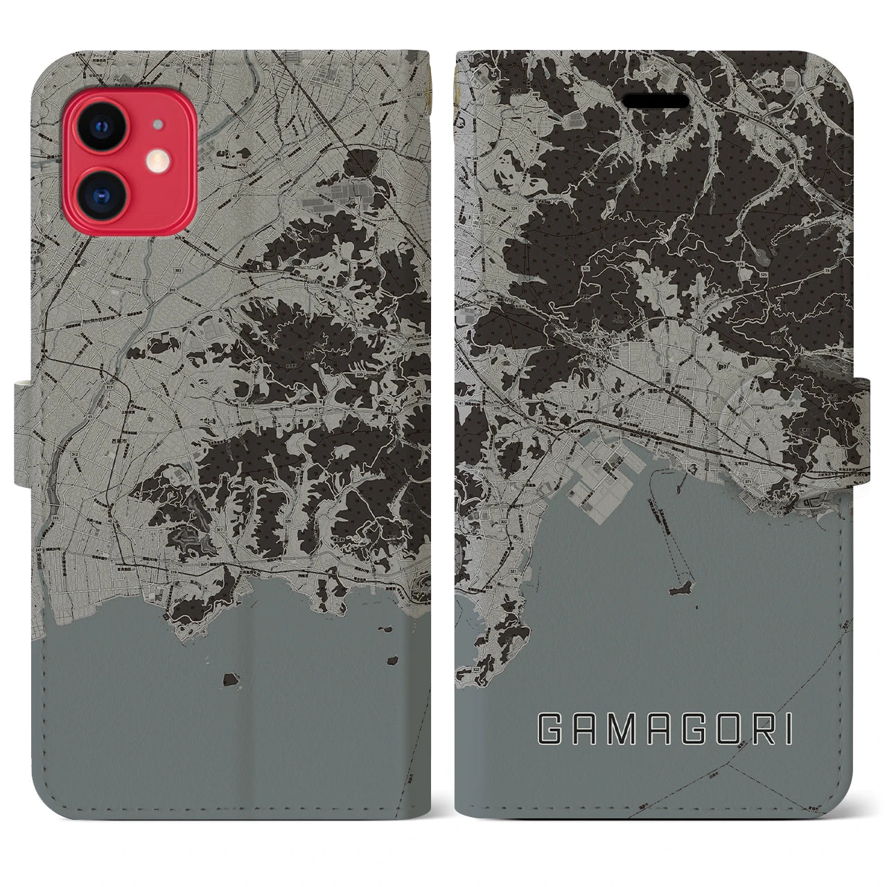 【蒲郡(愛知県)】地図柄iPhoneケース(手帳タイプ)モノトーン・iPhone 11 用