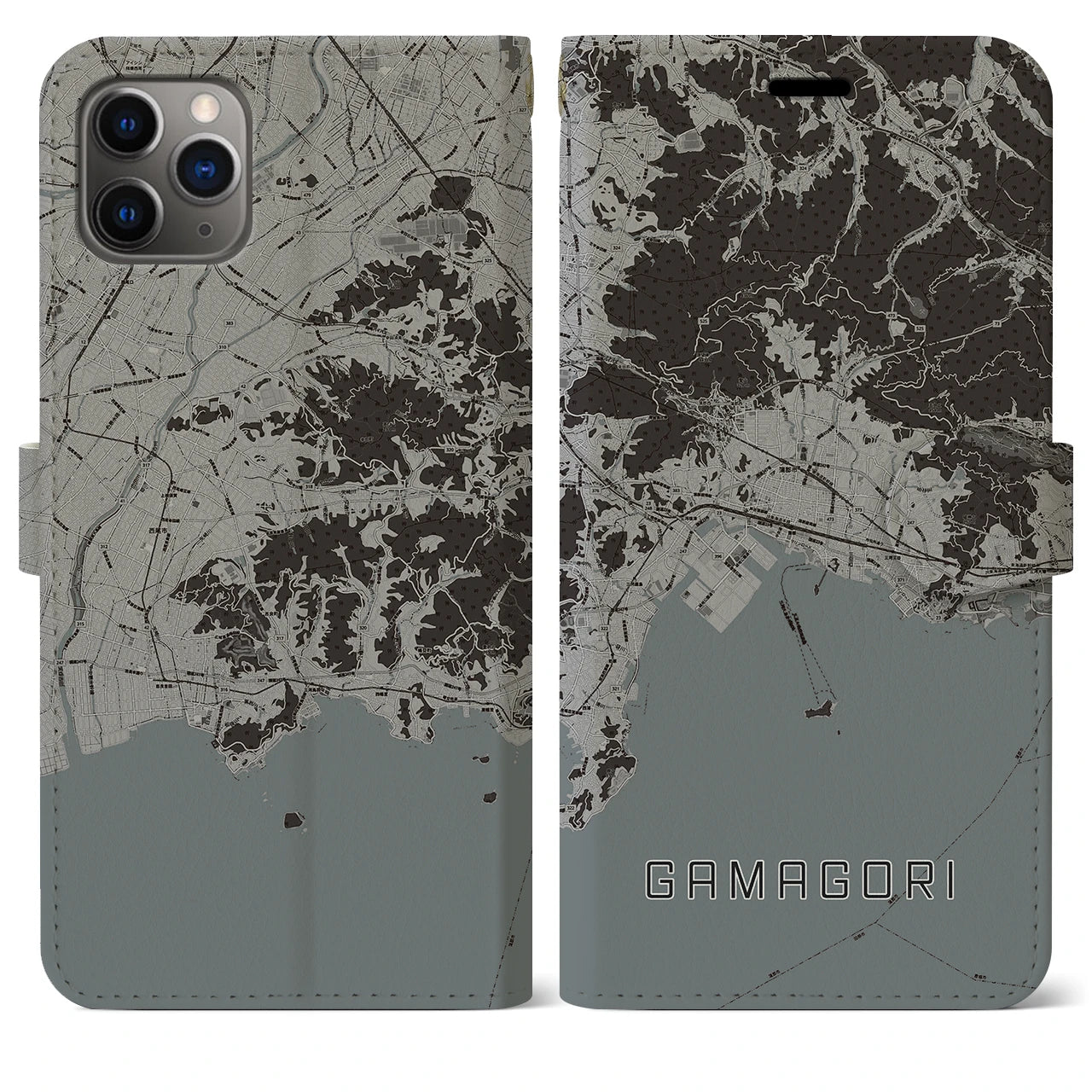 【蒲郡(愛知県)】地図柄iPhoneケース(手帳タイプ)モノトーン・iPhone 11 Pro Max 用