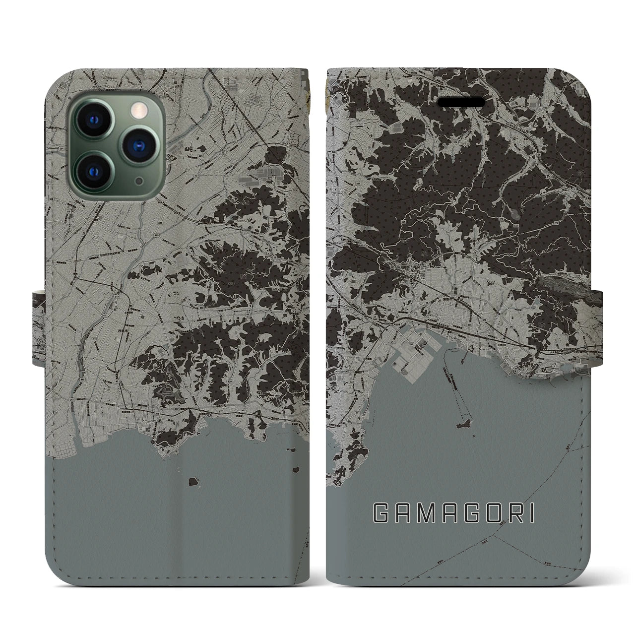 【蒲郡(愛知県)】地図柄iPhoneケース(手帳タイプ)モノトーン・iPhone 11 Pro 用