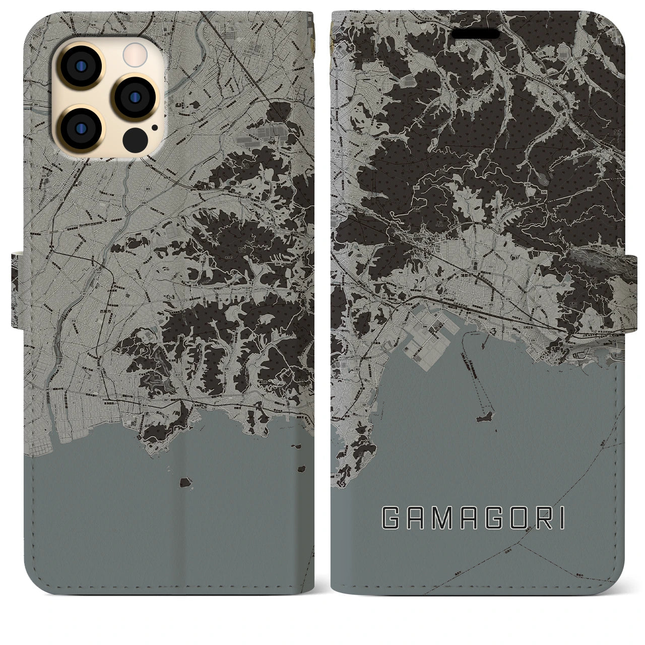 【蒲郡(愛知県)】地図柄iPhoneケース(手帳タイプ)モノトーン・iPhone 12 Pro Max 用