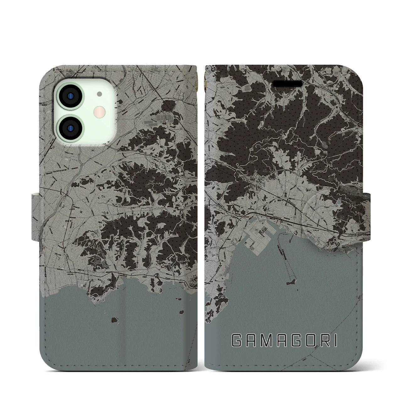 【蒲郡(愛知県)】地図柄iPhoneケース(手帳タイプ)モノトーン・iPhone 12 mini 用