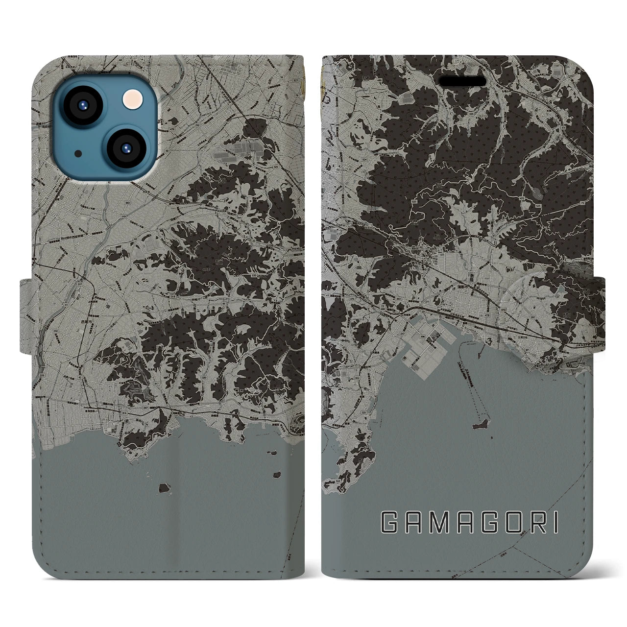 【蒲郡(愛知県)】地図柄iPhoneケース(手帳タイプ)モノトーン・iPhone 13 用