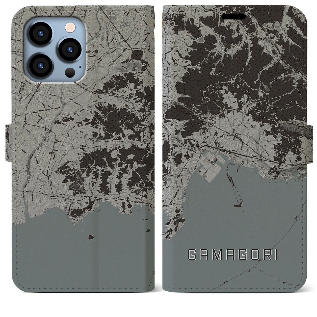 【蒲郡(愛知県)】地図柄iPhoneケース(手帳タイプ)モノトーン・iPhone 13 Pro Max 用