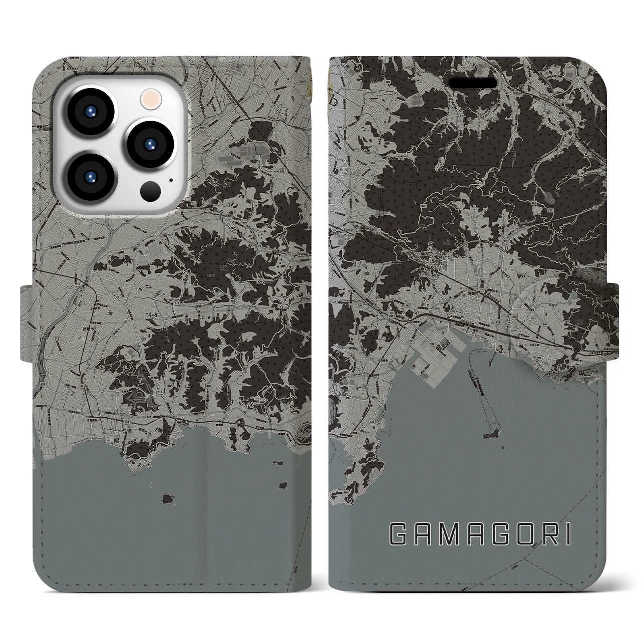 【蒲郡(愛知県)】地図柄iPhoneケース(手帳タイプ)モノトーン・iPhone 13 Pro 用