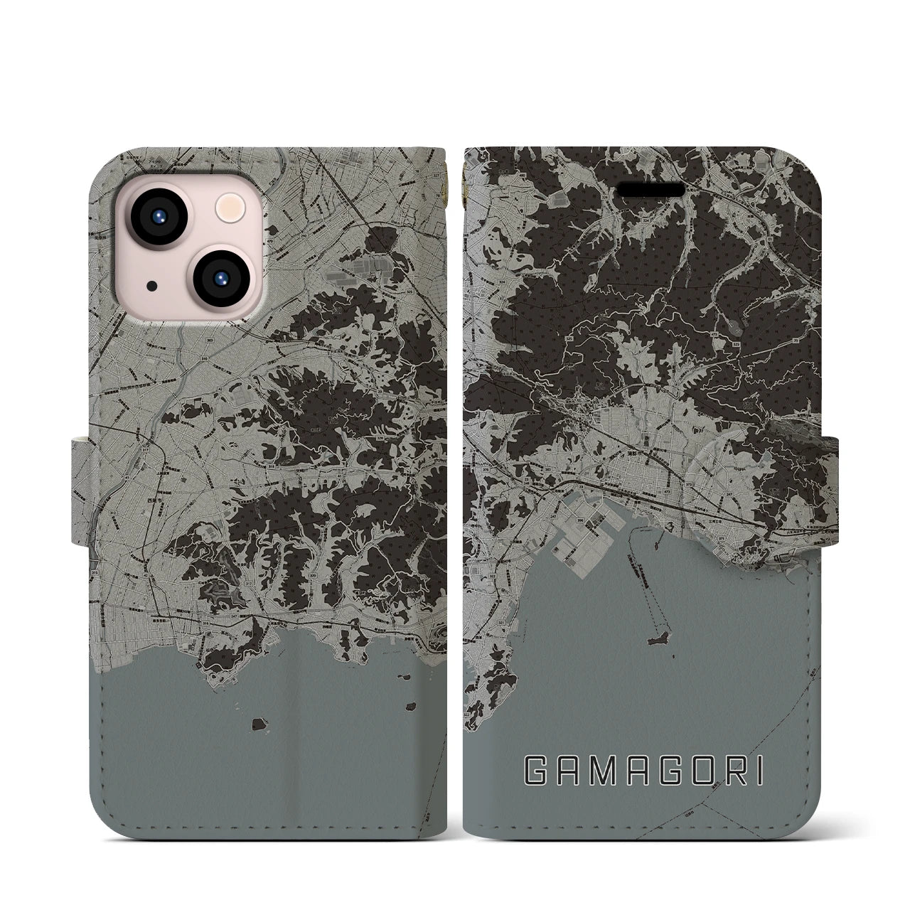 【蒲郡(愛知県)】地図柄iPhoneケース(手帳タイプ)モノトーン・iPhone 13 mini 用