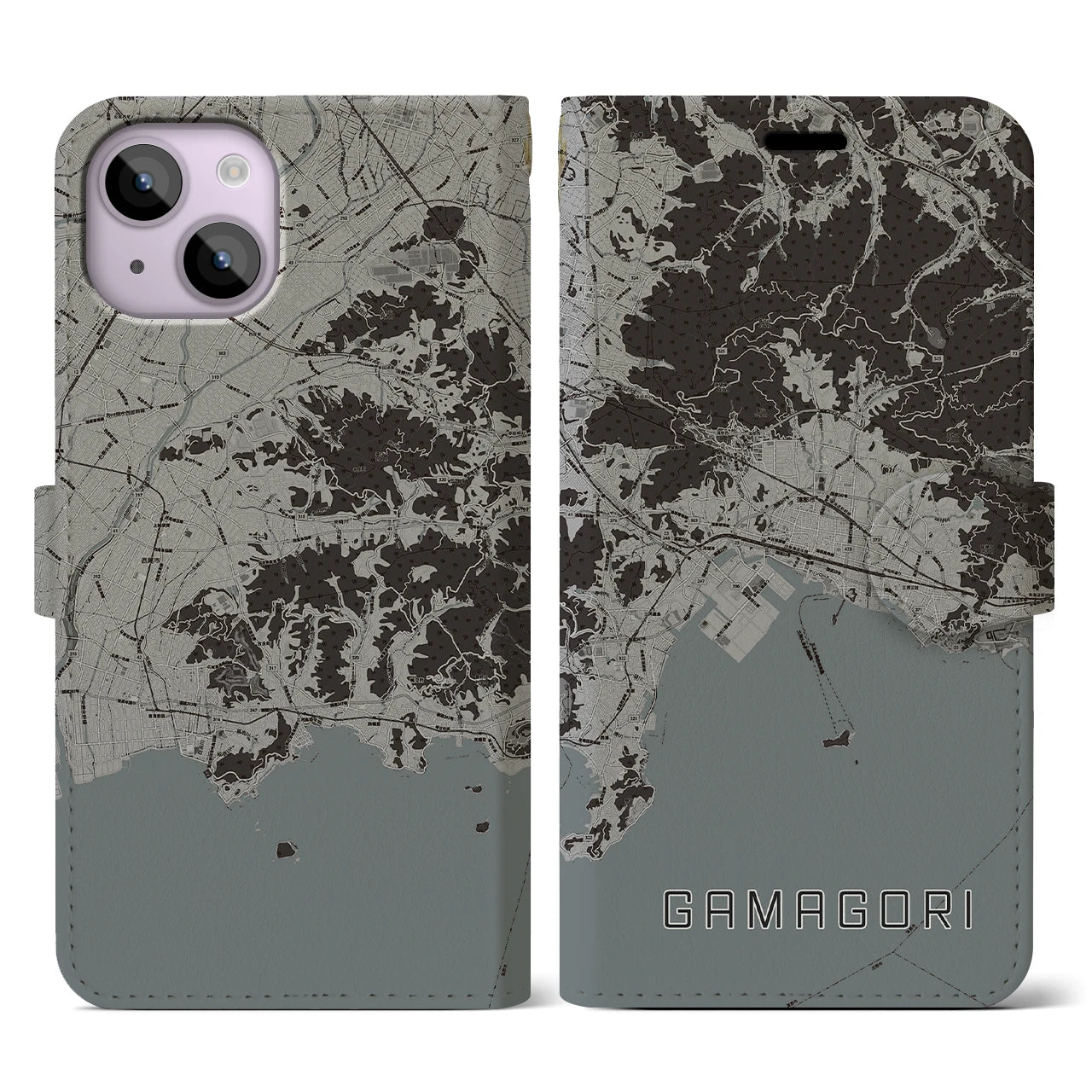 【蒲郡(愛知県)】地図柄iPhoneケース(手帳タイプ)モノトーン・iPhone 14 用