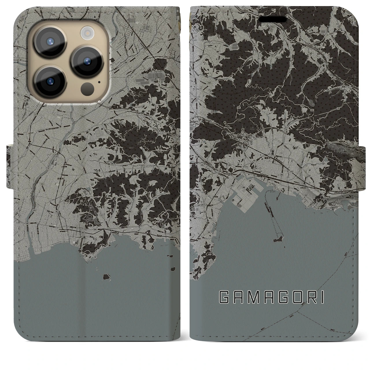 【蒲郡(愛知県)】地図柄iPhoneケース(手帳タイプ)モノトーン・iPhone 14 Pro Max 用