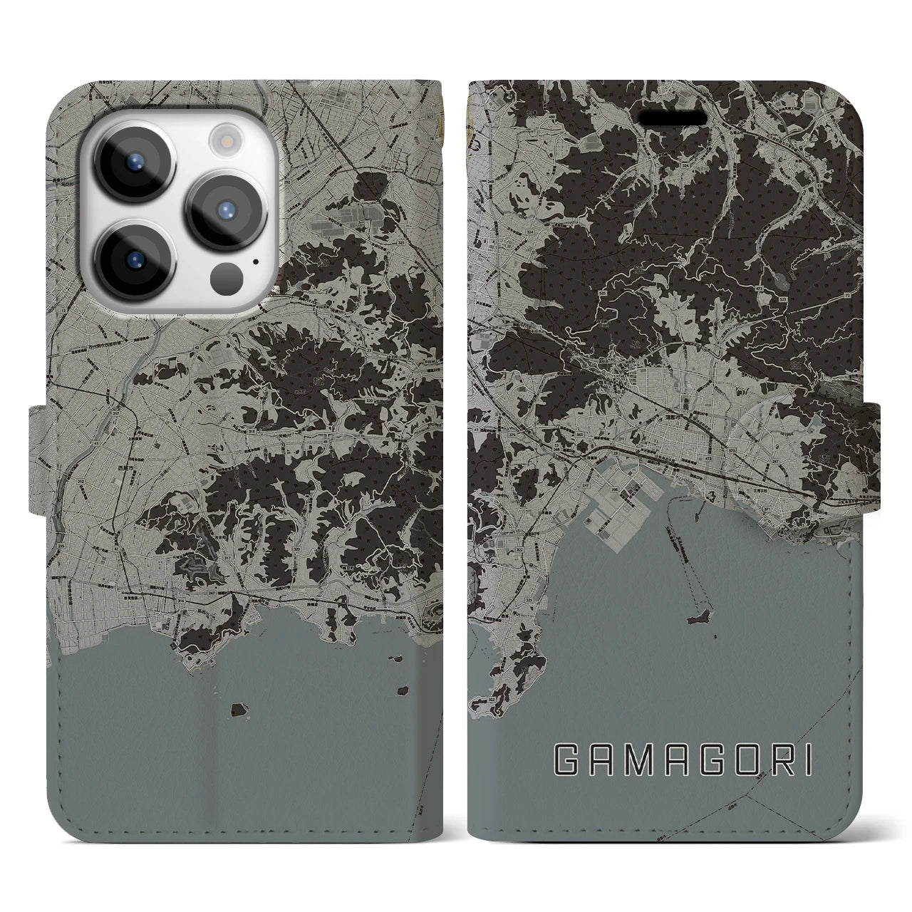 【蒲郡(愛知県)】地図柄iPhoneケース(手帳タイプ)モノトーン・iPhone 14 Pro 用