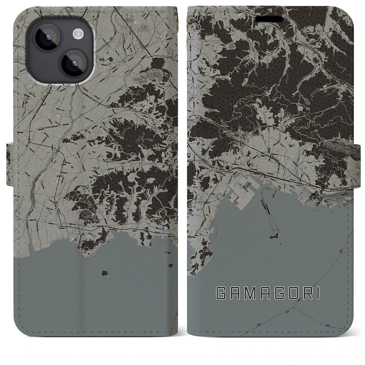 【蒲郡(愛知県)】地図柄iPhoneケース(手帳タイプ)モノトーン・iPhone 14 Plus 用