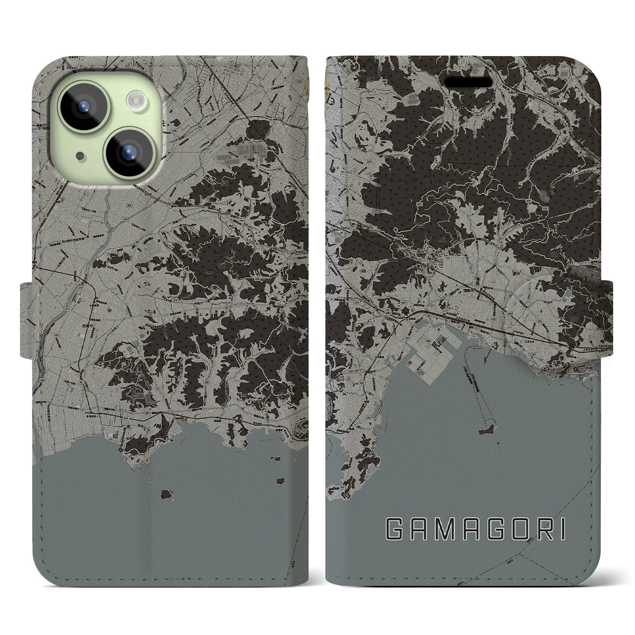 【蒲郡(愛知県)】地図柄iPhoneケース(手帳タイプ)モノトーン・iPhone 15 用