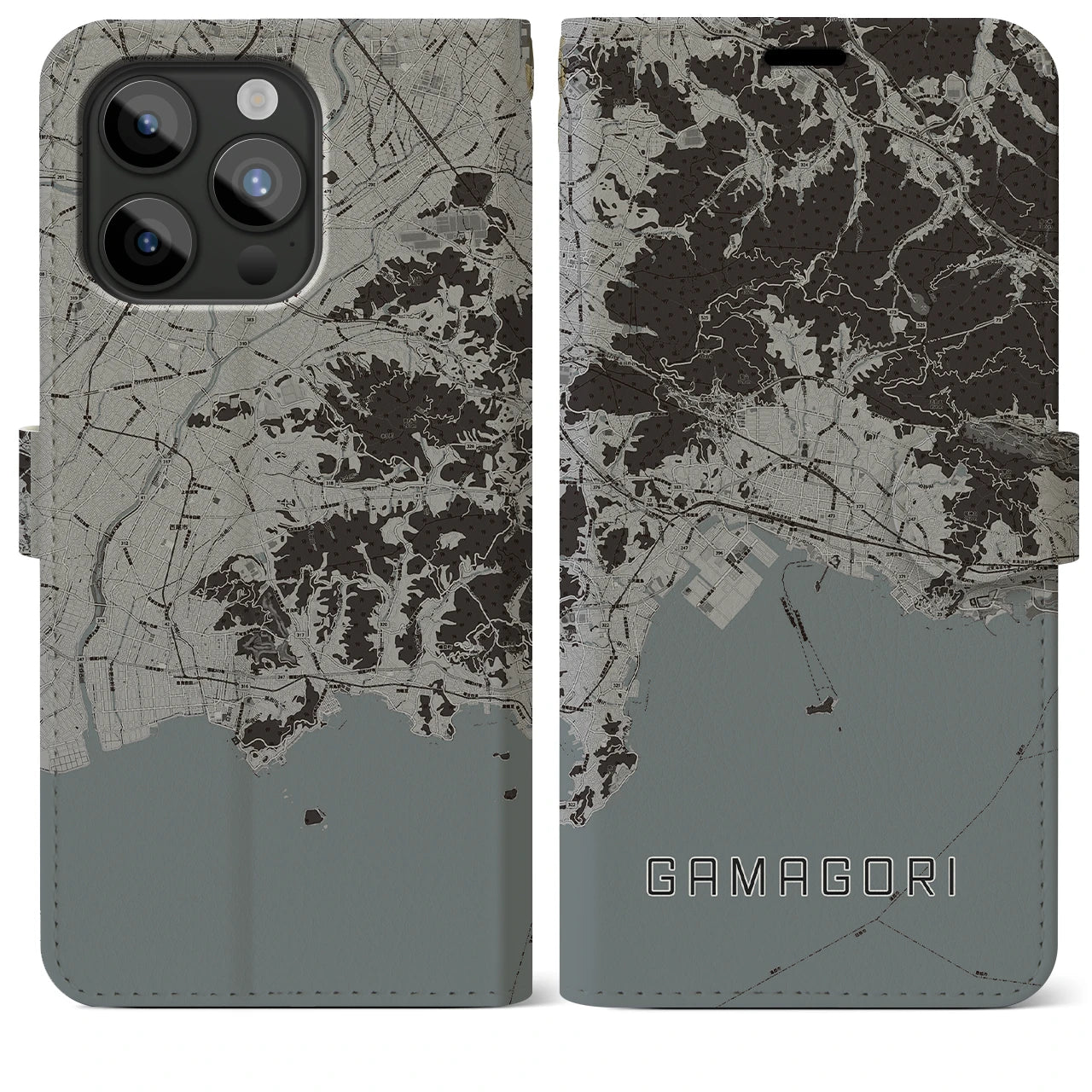 【蒲郡(愛知県)】地図柄iPhoneケース(手帳タイプ)モノトーン・iPhone 15 Pro Max 用