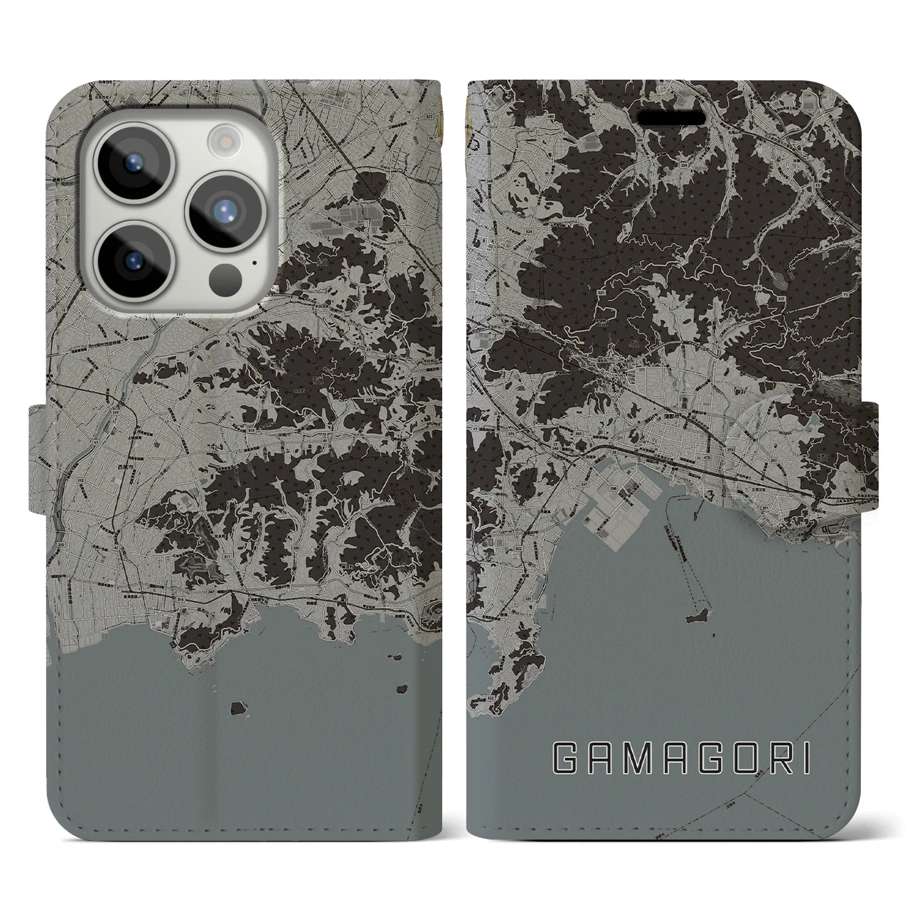 【蒲郡(愛知県)】地図柄iPhoneケース(手帳タイプ)モノトーン・iPhone 15 Pro 用