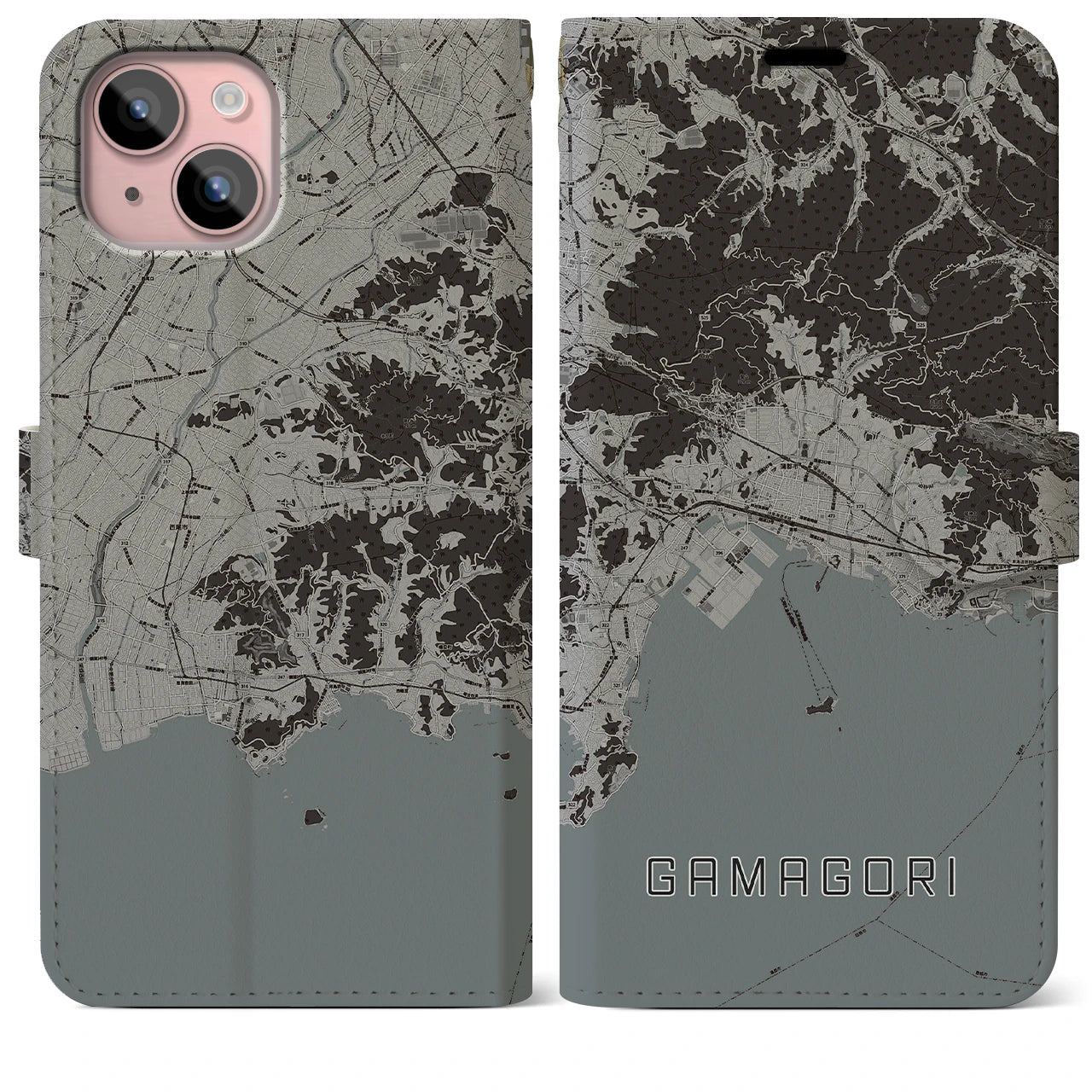 【蒲郡(愛知県)】地図柄iPhoneケース(手帳タイプ)モノトーン・iPhone 15 Plus 用