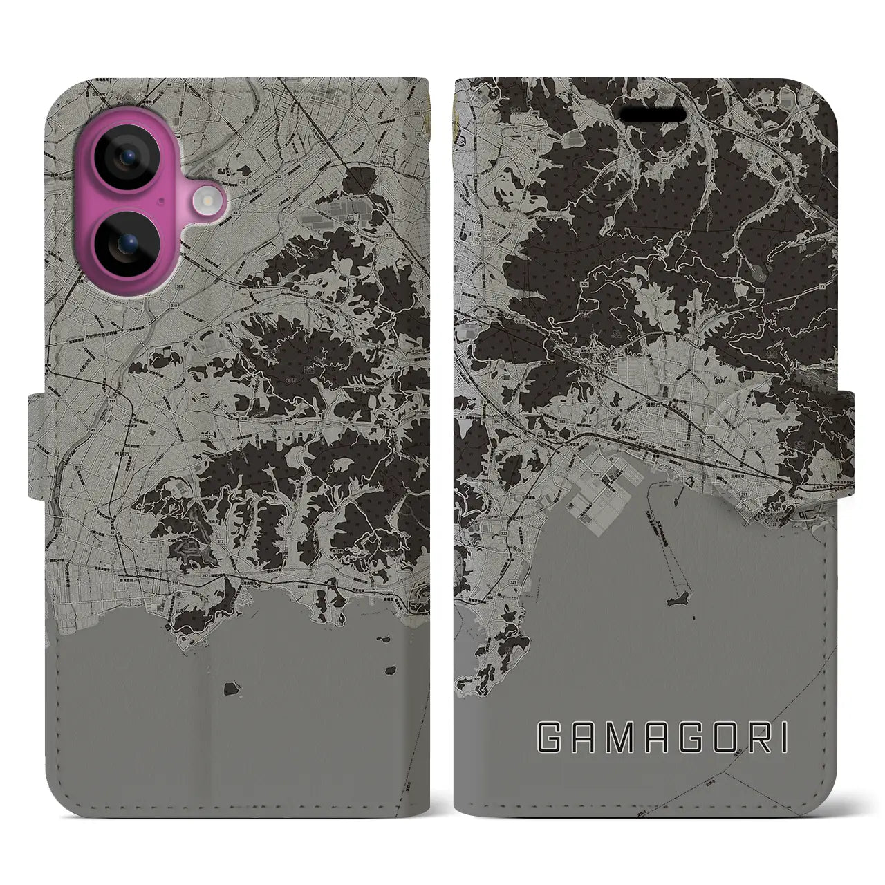 【蒲郡(愛知県)】地図柄iPhoneケース(手帳タイプ)モノトーン・iPhone 16 Pro 用