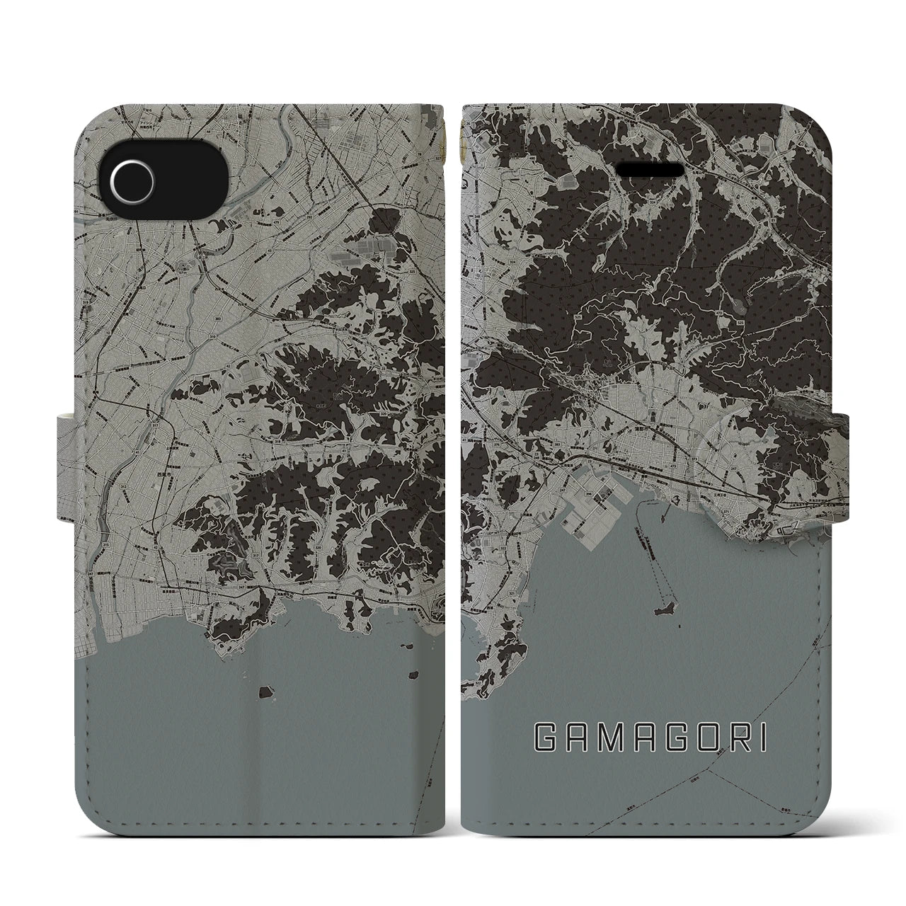 【蒲郡(愛知県)】地図柄iPhoneケース(手帳タイプ)モノトーン・iPhone SE(第3 / 第2世代) / 8 / 7 / 6s / 6 用