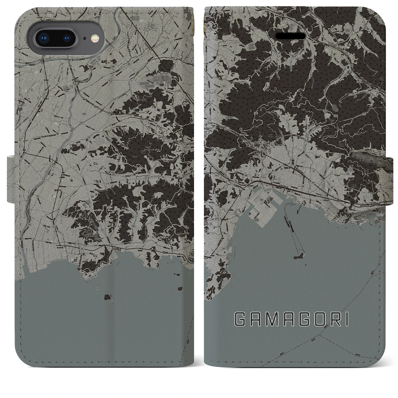 【蒲郡(愛知県)】地図柄iPhoneケース(手帳タイプ)モノトーン・iPhone 8Plus /7Plus / 6sPlus / 6Plus 用