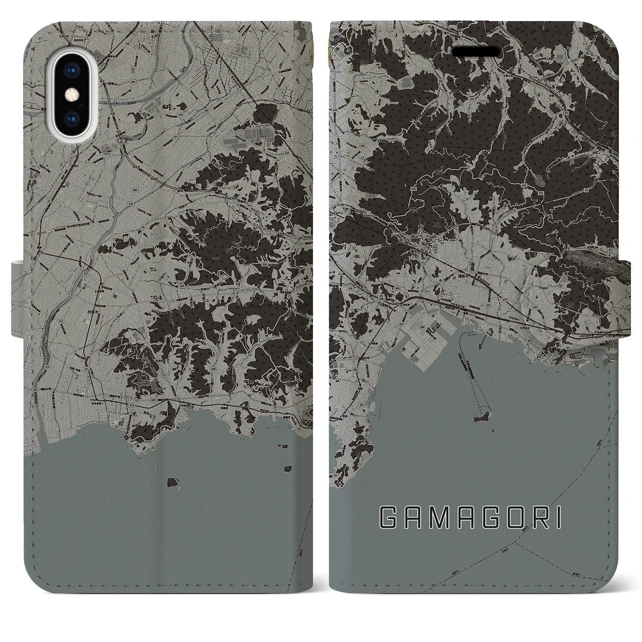 【蒲郡(愛知県)】地図柄iPhoneケース(手帳タイプ)モノトーン・iPhone XS Max 用