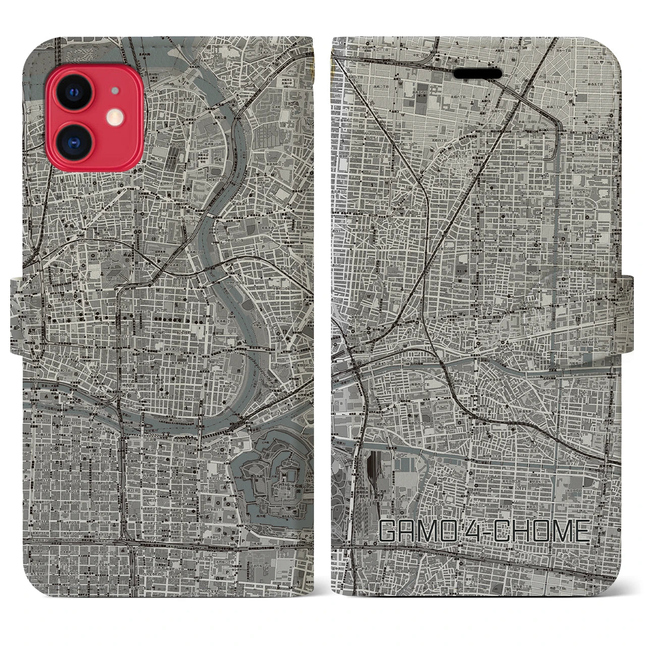 【蒲生四丁目(大阪府)】地図柄iPhoneケース(手帳タイプ)モノトーン・iPhone 11 用